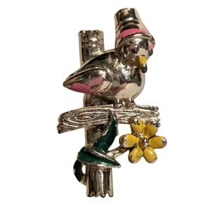 Vintage Costume Jewelry Worn Brooch Pin Bird with Bucket Hat Flower Enamelware